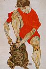 Female Model in Bright Red Jacket and Pants by Egon Schiele